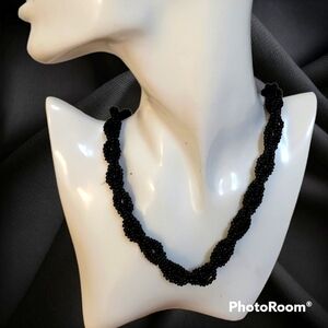 VTG Black Glass Beaded Twisted Braided Bayadere Necklace